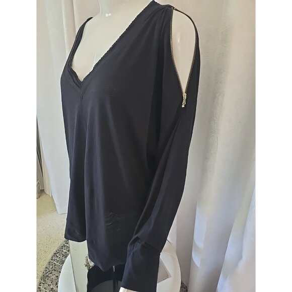 Rachel Roy Women V-Neck T Shirt Cold Zip Open Cold Shoulders Black Large Sexy - Picture 5 of 14
